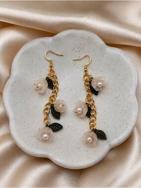 Gold Chain Drop Earrings with Blush Flower and Black Leaf Accents